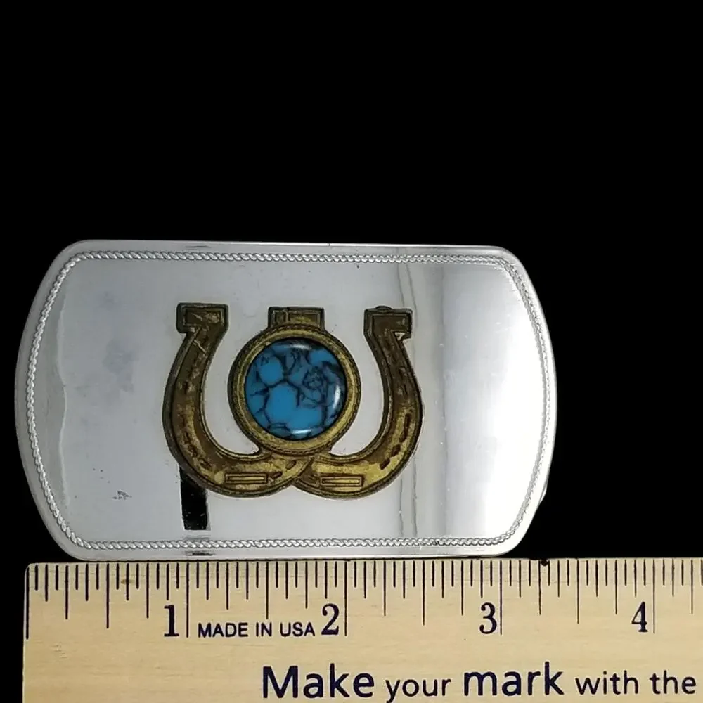 Steel Belt Buckle – Gold Color Horseshoe with Turquoise Stone‎ Western USA Made
